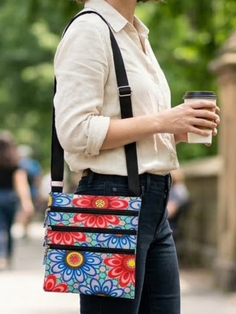 Small Floral Multi-Pocket Crossbody Travel Bag Pouch 3-Zip Travel Passport Phone